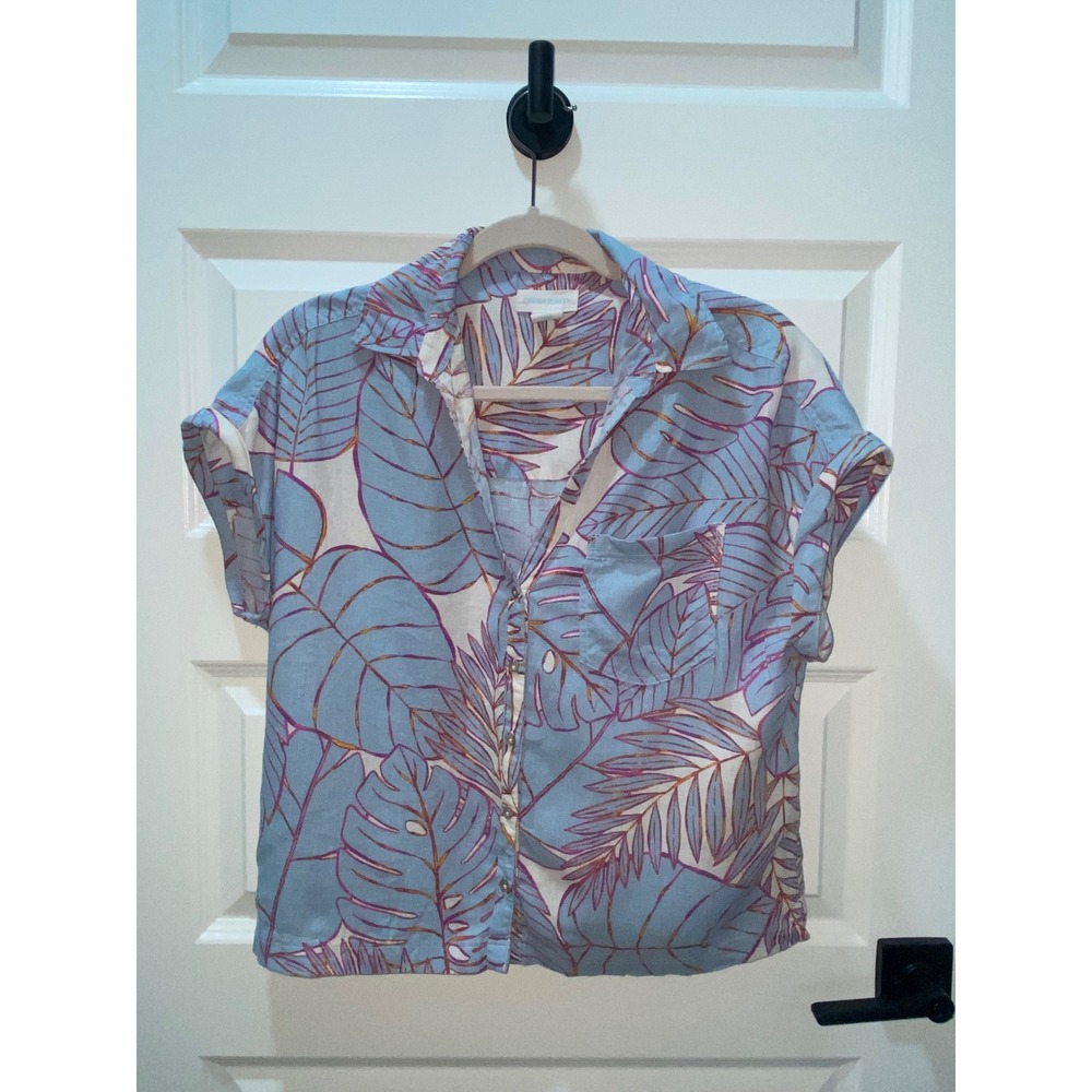 Cynthia Rowley Blue Tropical Leaf Print Linen Blend Button Down Top Small